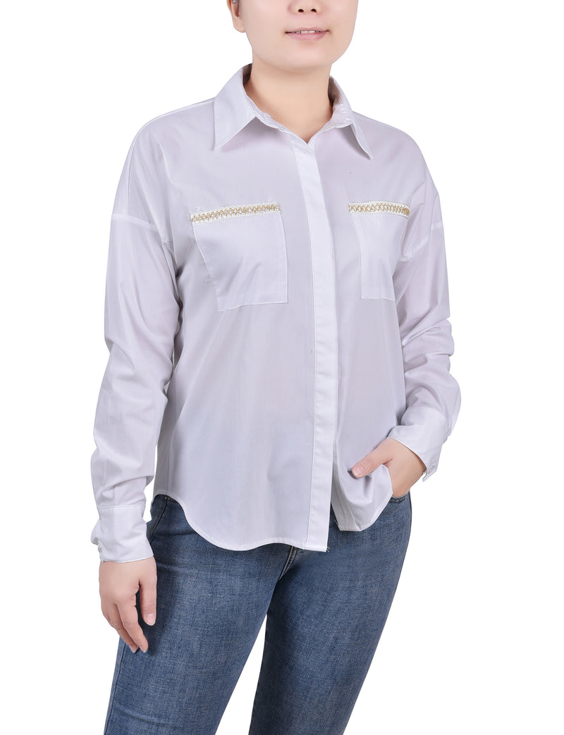 Womens white ruffle collar shirt with ruffle long sleeves and hidden placket