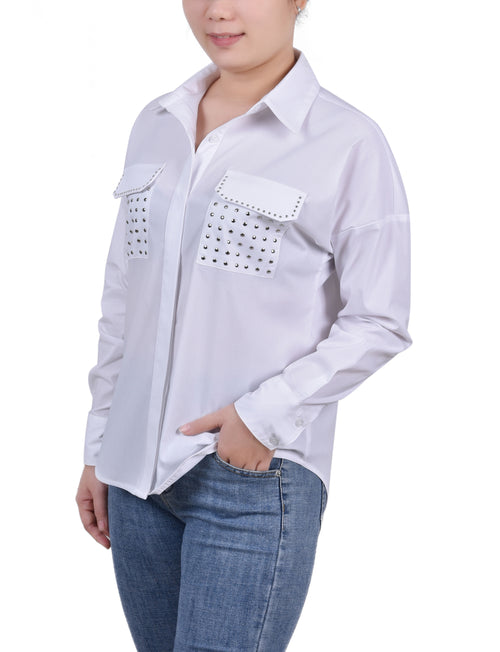 Petite Long Sleeve Hidden Placket Blouse With Studs