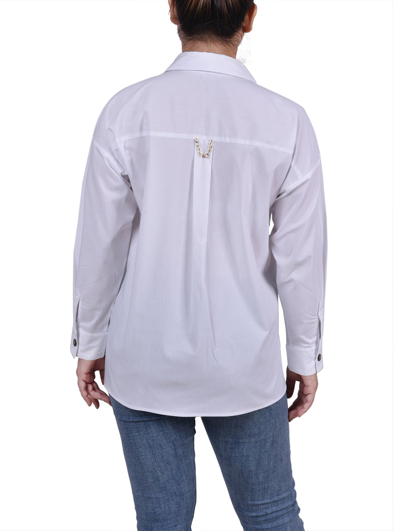 Petite Long Sleeve Blouse With Chest Pockets