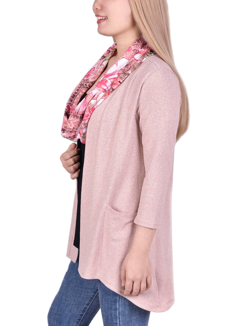Petite Cardigan With Inset And Detachable Printed Scarf