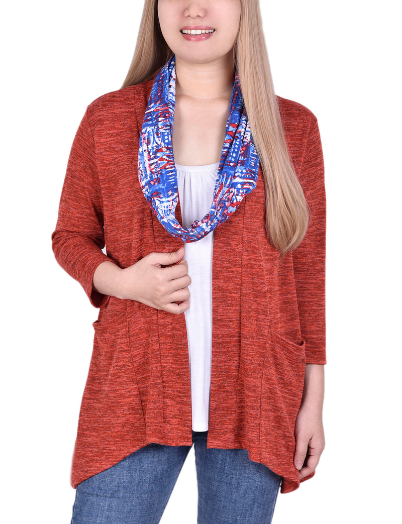 Petite Cardigan With Inset And Detachable Printed Scarf