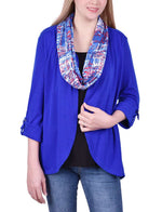 Petite 3/4 Roll Sleeve 3Fer Top With Detachable Scarf