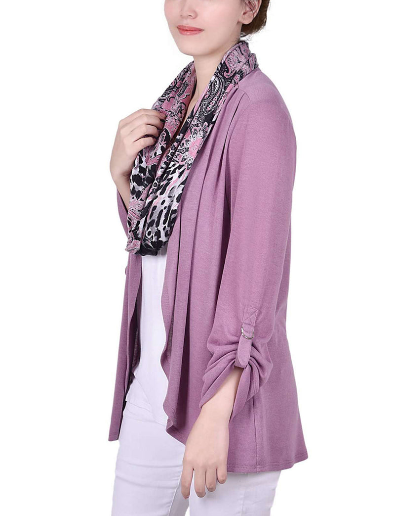 Petite 3/4 Roll Sleeve 3Fer Top With Detachable Scarf