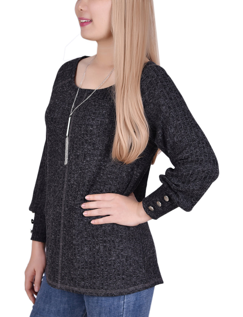 Petite Long Sleeve Ribbed Top With Detachable Necklace