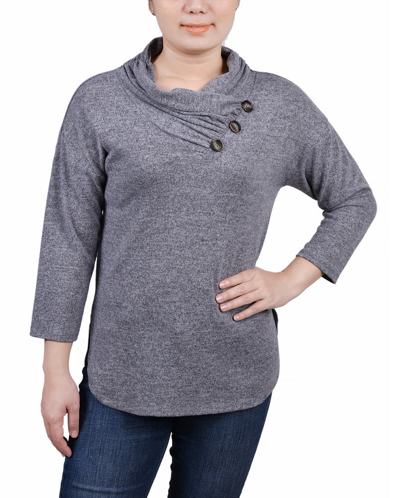 Petite 3/4 Sleeve Crossover Cowl Neck Top
