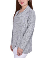 Petite Long Sleeve Cowl Neck Pullover Top With Buttons