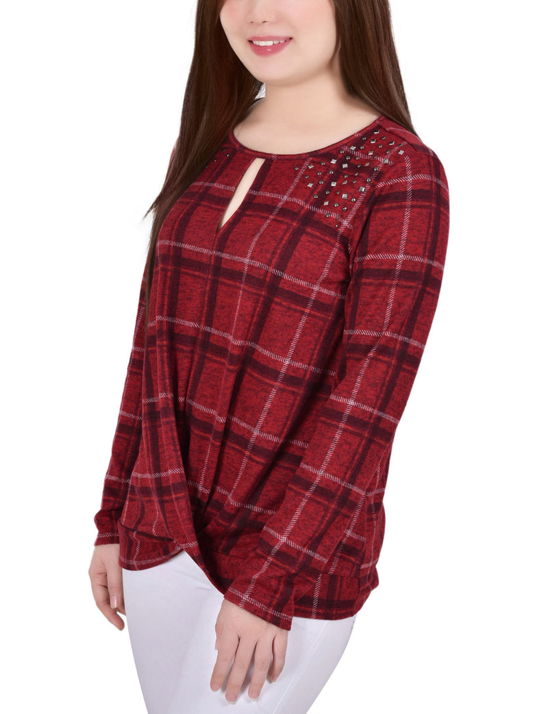 Petite Long Sleeve Knit Keyhole Top With Studs