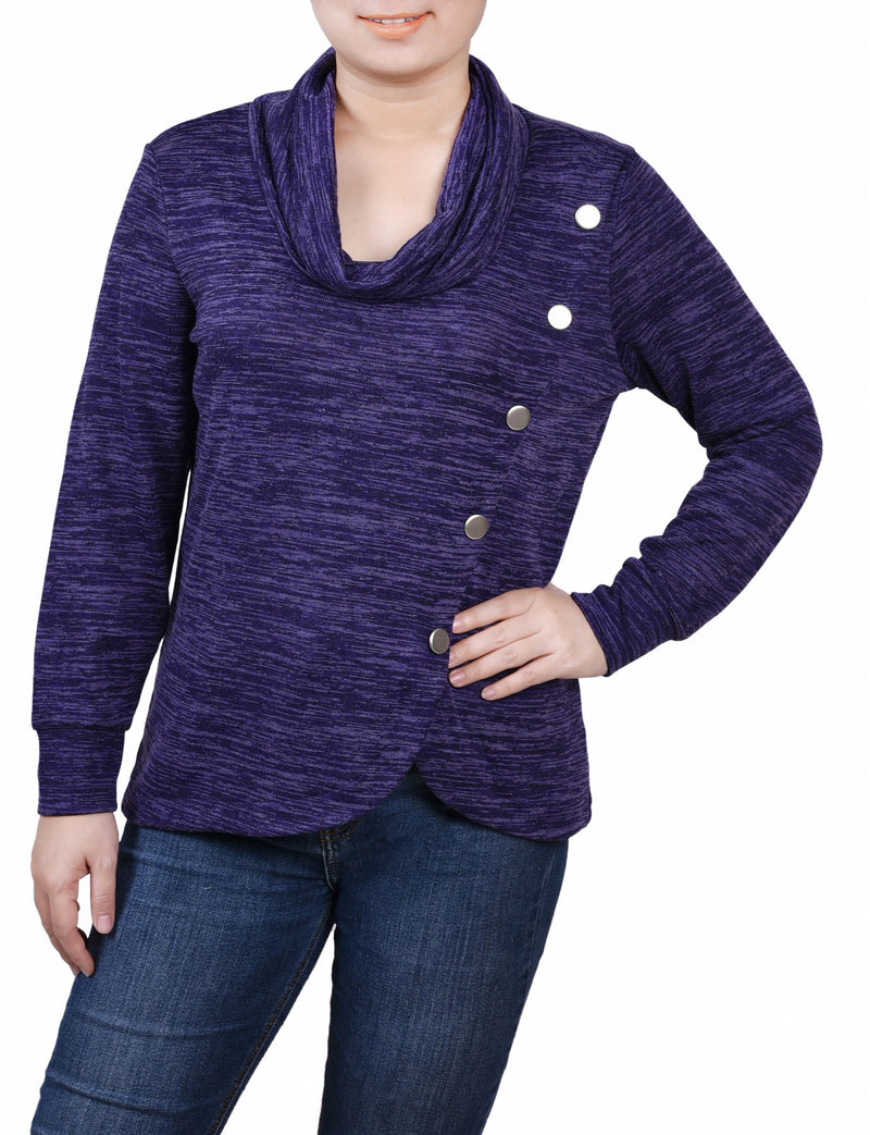 Petite Long Sleeve Overlapping Cowl Neck Top