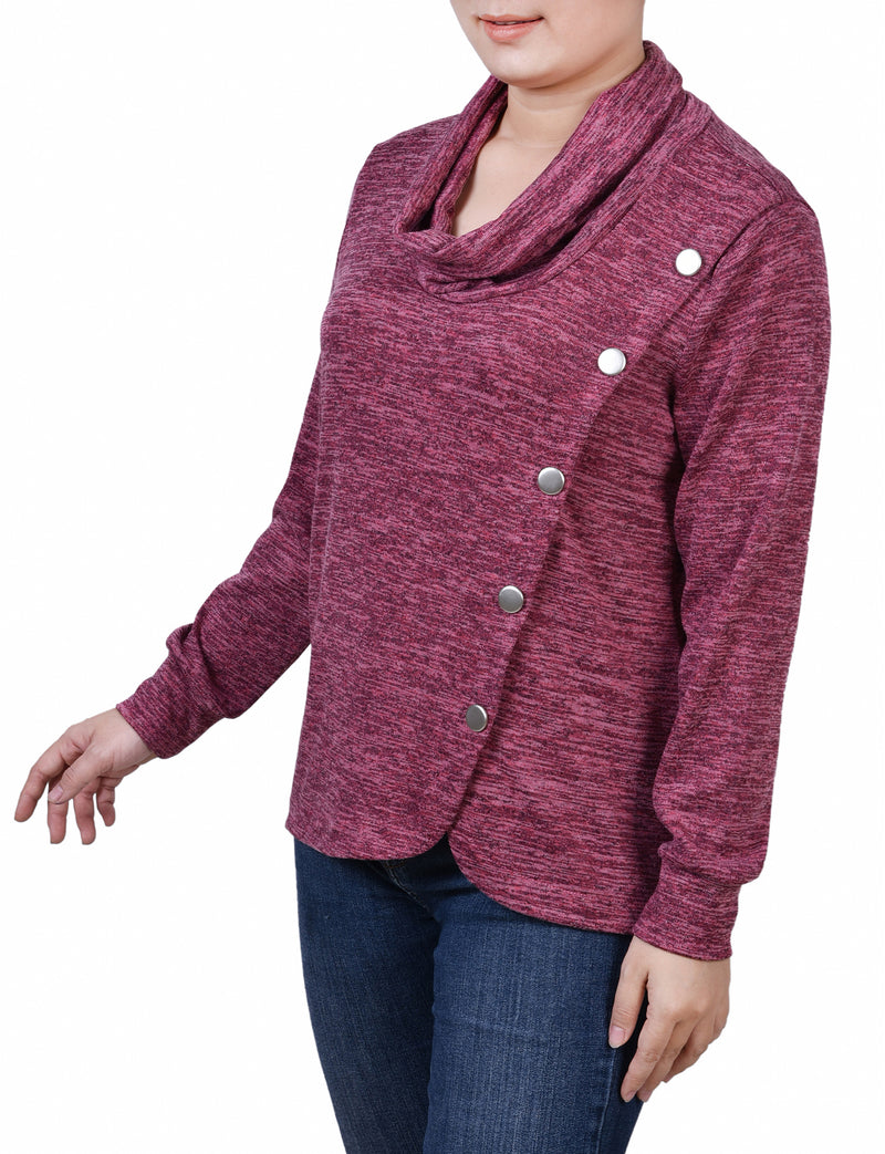 Petite Long Sleeve Overlapping Cowl Neck Top