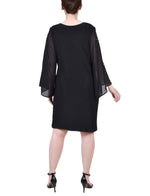 Petite Long Sleeve Surplice Dress With Cold Shoulder Studded Chiffon Sleeve