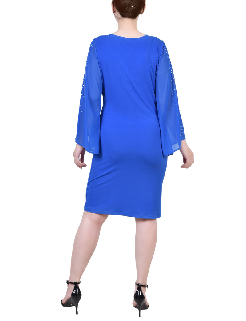 Petite Long Sleeve Surplice Dress With Cold Shoulder Studded Chiffon Sleeve