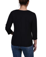 Petite 3/4 Sleeve Top With Illusion Neckline and Stones
