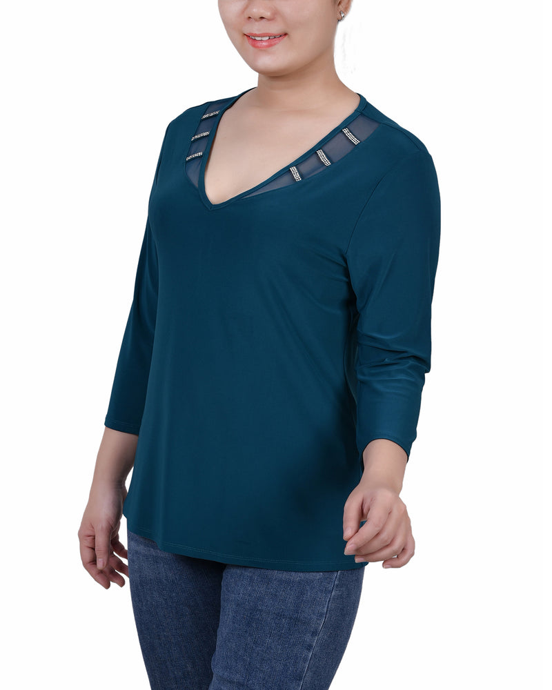 Petite 3/4 Sleeve Top With Illusion Neckline and Stones