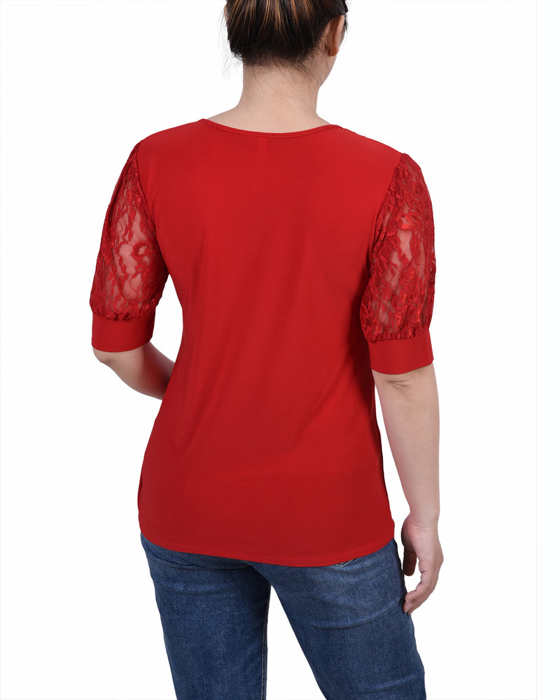 Petite Short Puff Sleeve Top With Lace Sleeves And Yoke