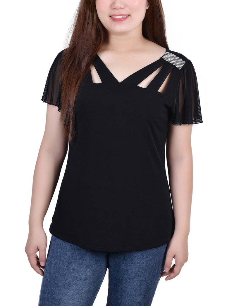 Petite Short Flutter Sleeve Top With Cutouts and Stones