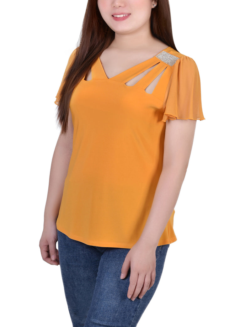 Petite Short Flutter Sleeve Top With Cutouts and Stones