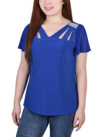 Petite Short Flutter Sleeve Top With Cutouts and Stones