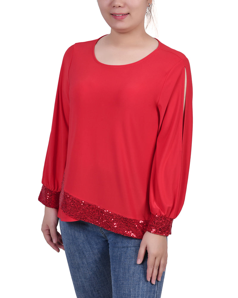 Petite Long Sleeve Knit Top With Sequin Hem