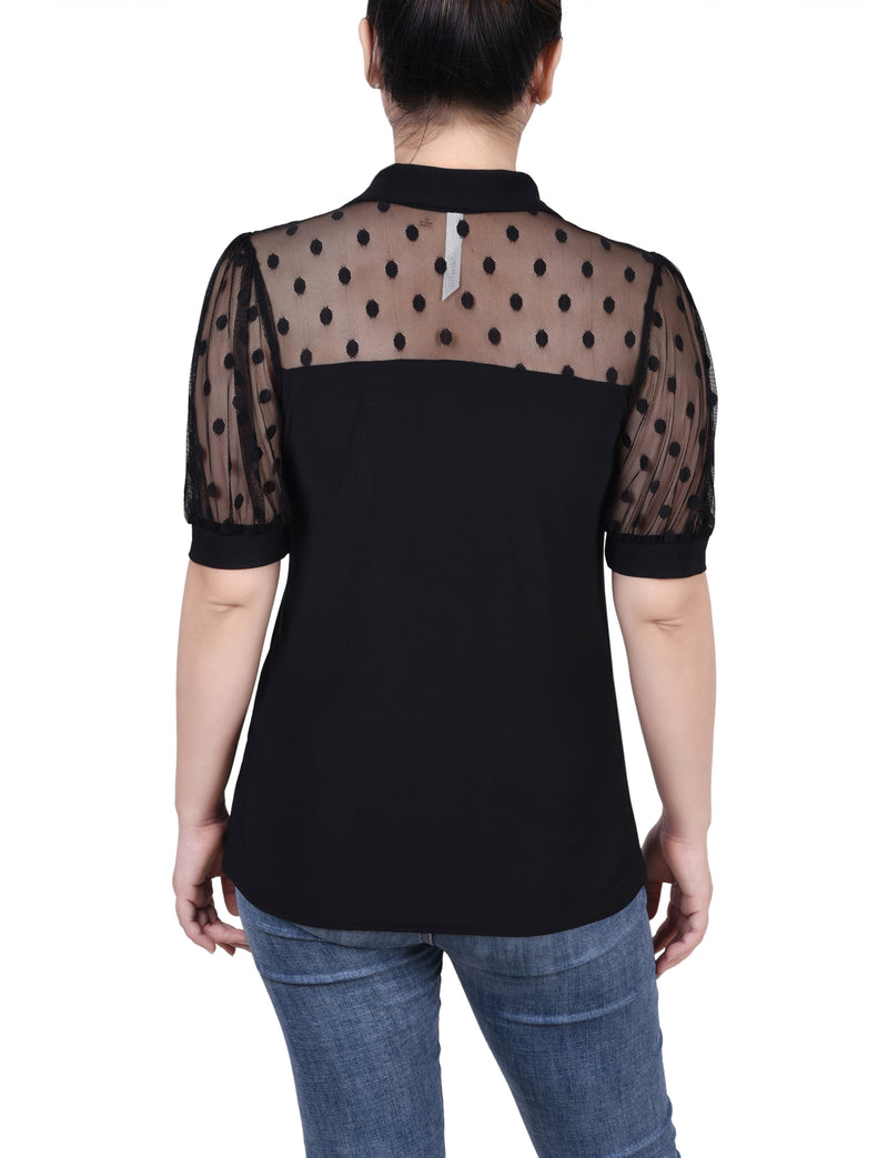 Petite Short Sleeve Top With Dotted Mesh