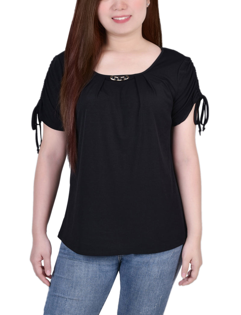 Petite Short Ruched Sleeve Top With Pleats