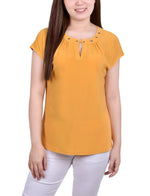 Petite Short Sleeve Grommet Top With Keyhole