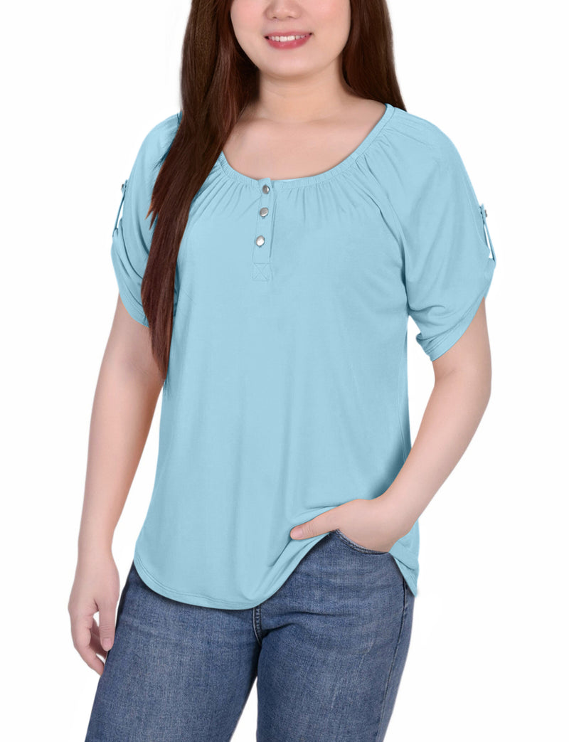Petite Short Sleeve Round Neck Henley Top