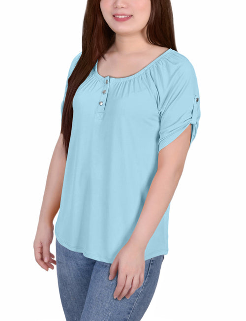 Petite Short Sleeve Round Neck Henley Top
