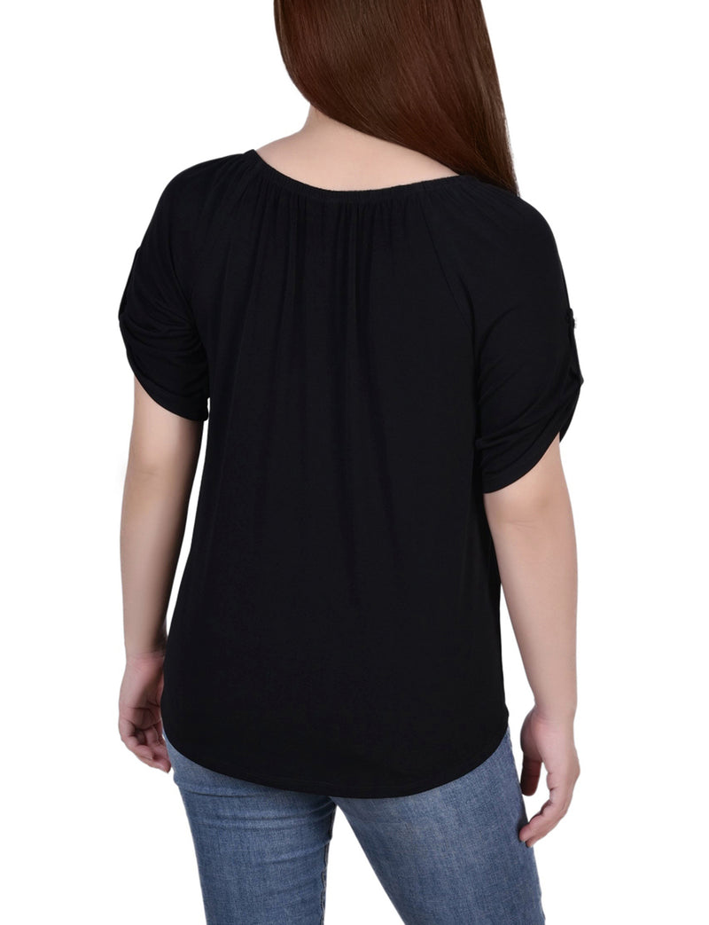 Petite Short Sleeve Round Neck Henley Top
