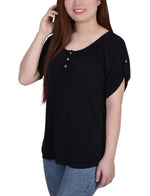 Petite Short Sleeve Round Neck Henley Top