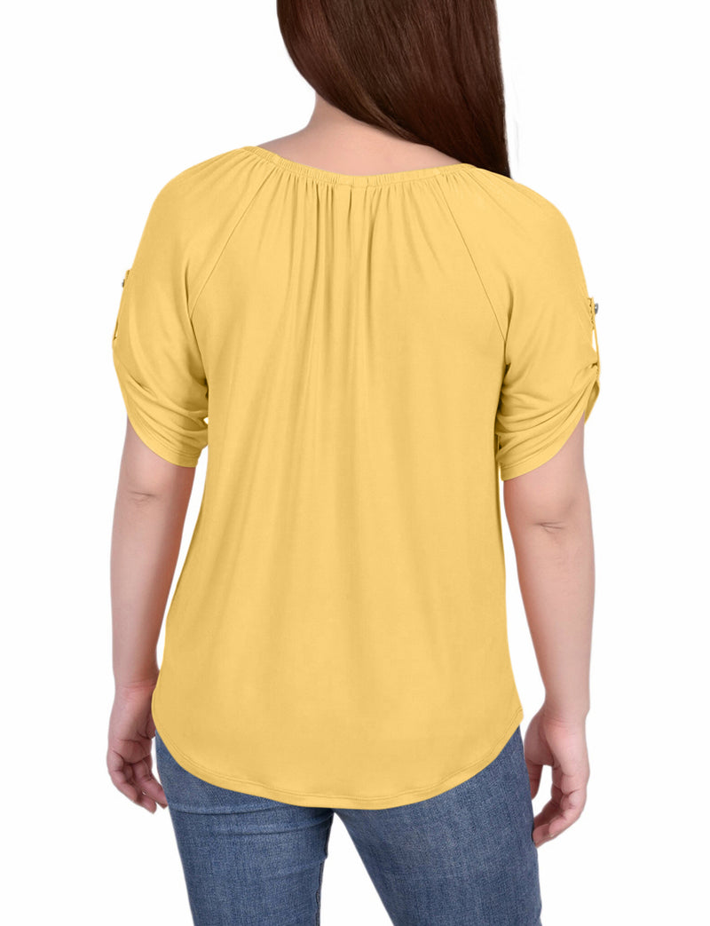 Petite Short Sleeve Round Neck Henley Top