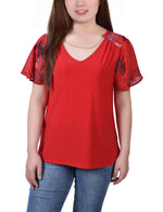 Combo Chiffon-Sleeve V Neck Top