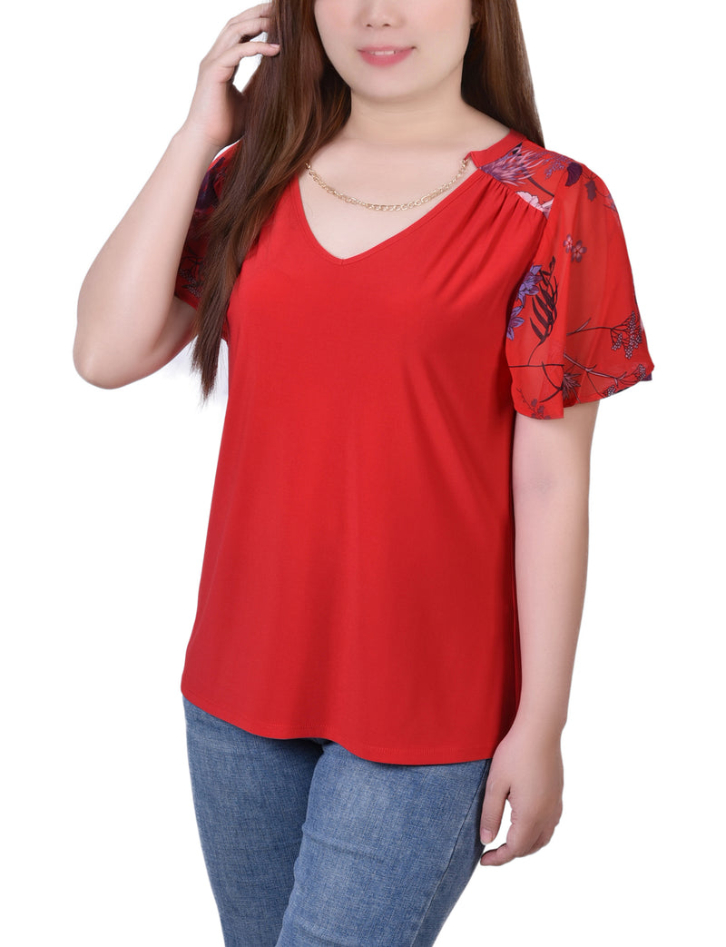 Combo Chiffon-Sleeve V Neck Top