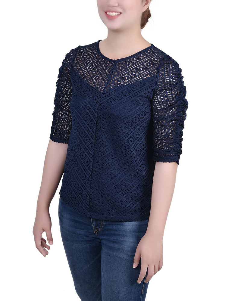 Petite Rouched Sleeve Lace Top