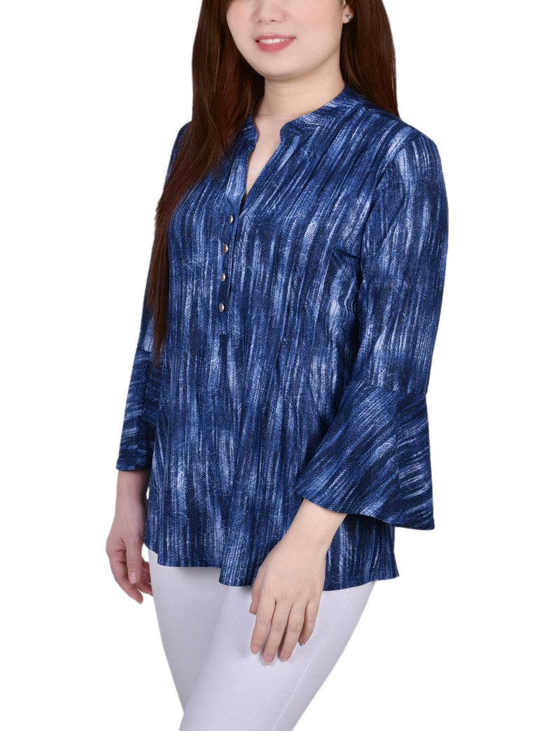 Petite 3/4 Bell Sleeve Pleat Front Y Neck Top