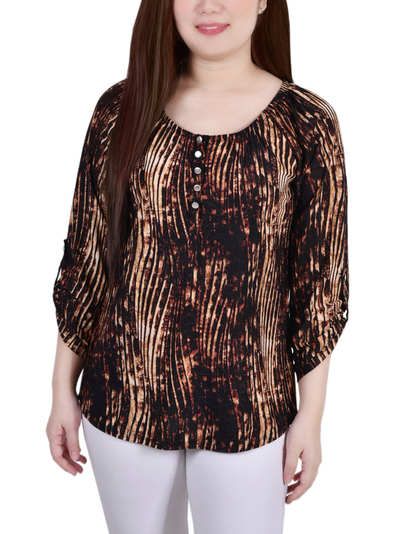 Petite 3/4 Push Tab Round Neck Top