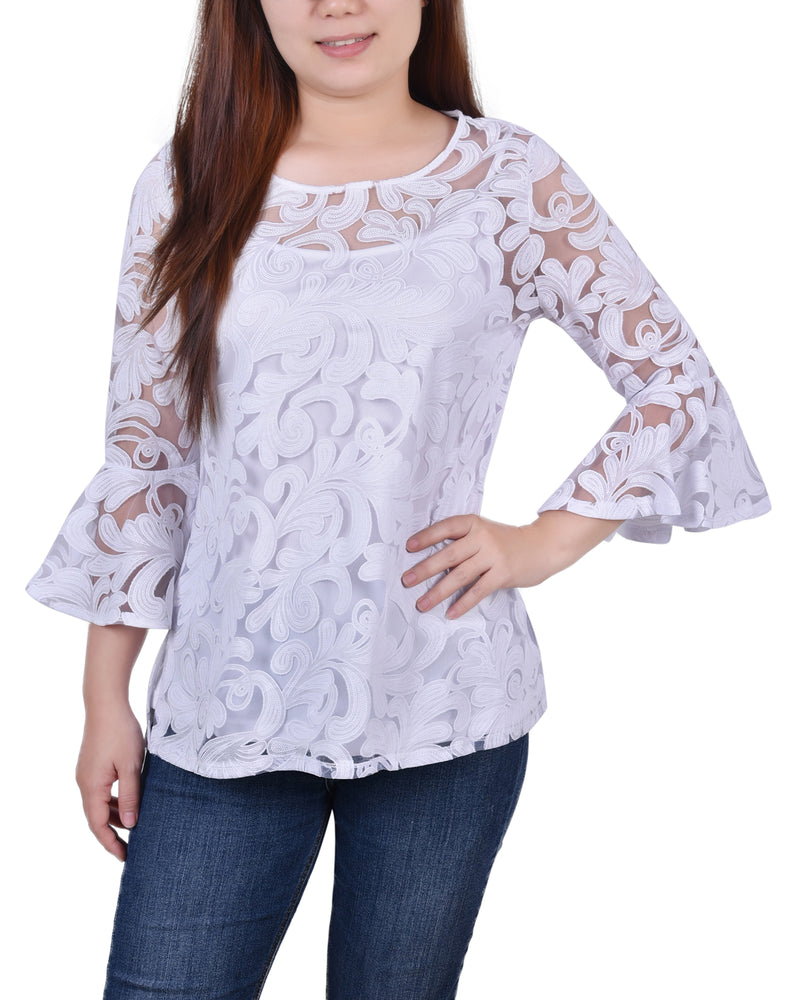 Petite 3/4 Sleeve Burnout Blouse With Matching Camisole