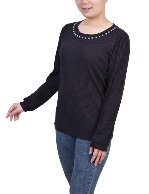 Petite Long Sleeve Ribbed Pearl Trimmed Top