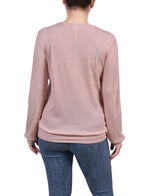 Petite Long Sleeve Ribbed Pearl Trimmed Top