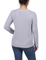 Petite Long Sleeve Ribbed Button Detail Top