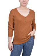 Petite Long Sleeve Ribbed Henley Top