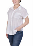 Petite Short Sleeve Woven Front/Jersey Back Blouse