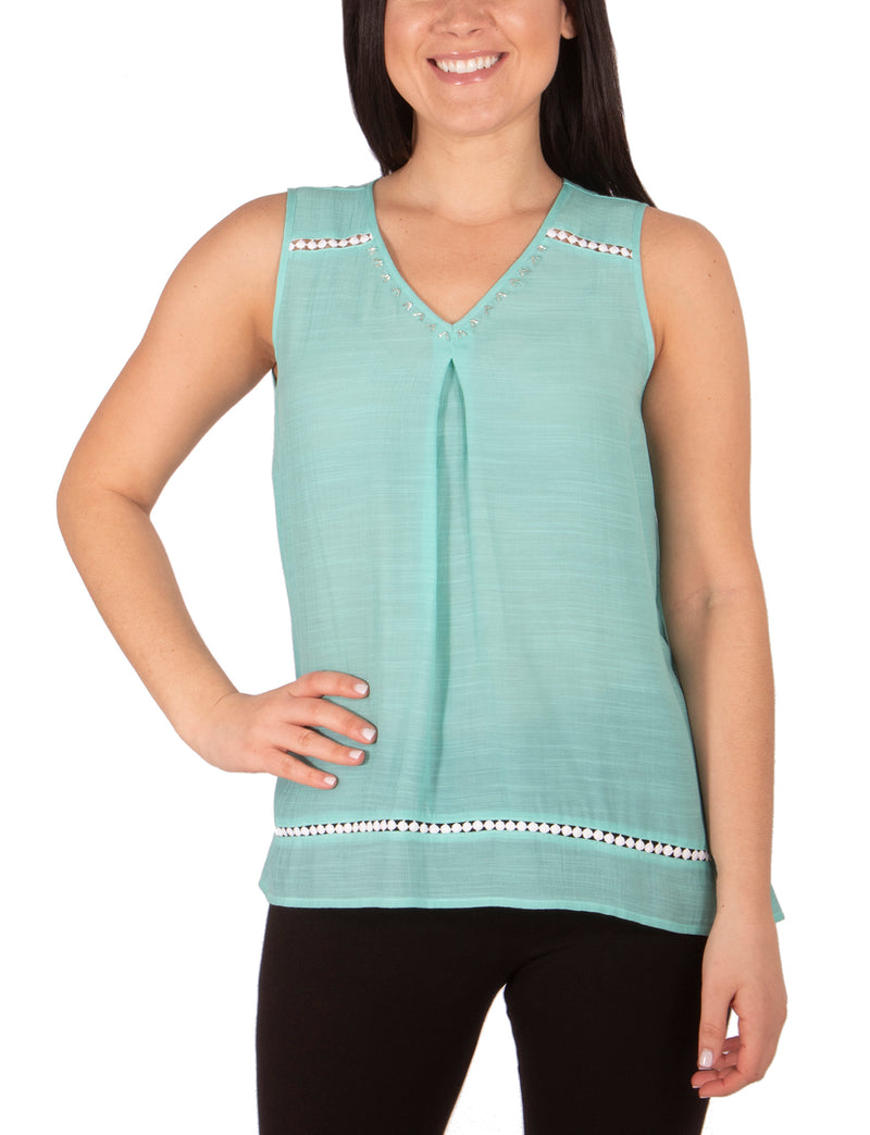 Petite Sleeveless V Neck Blouse With Beads And Trim