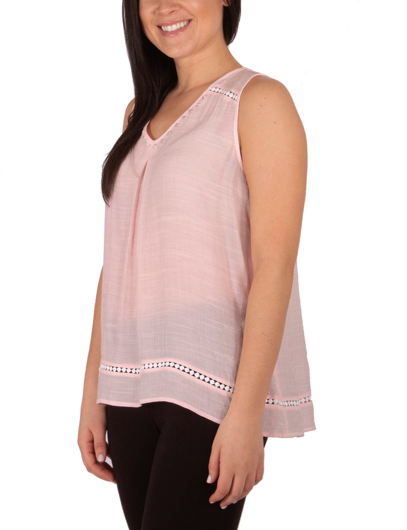 Petite Sleeveless V Neck Blouse With Beads And Trim