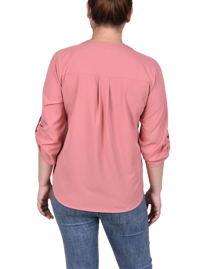 3/4 Tabbed Sleeve Y Neck Blouse