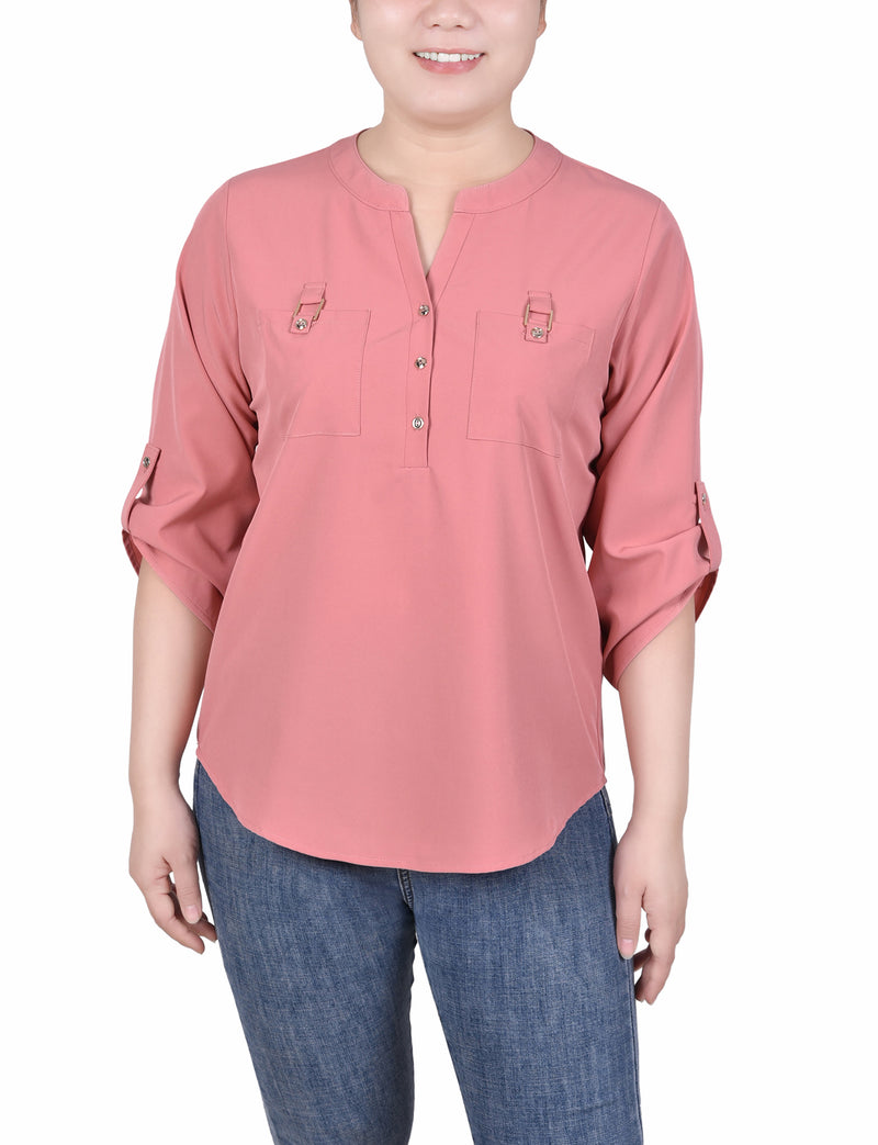 3/4 Tabbed Sleeve Y Neck Blouse
