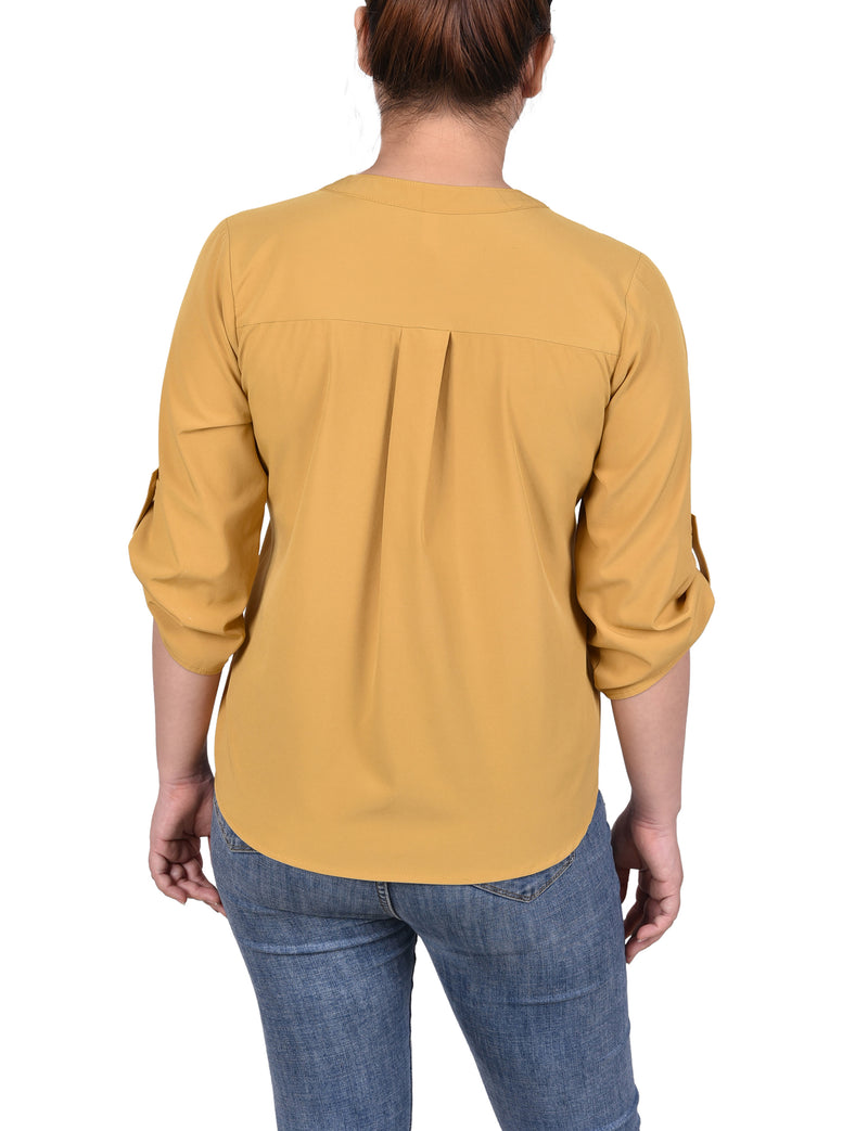 3/4 Tabbed Sleeve Y Neck Blouse
