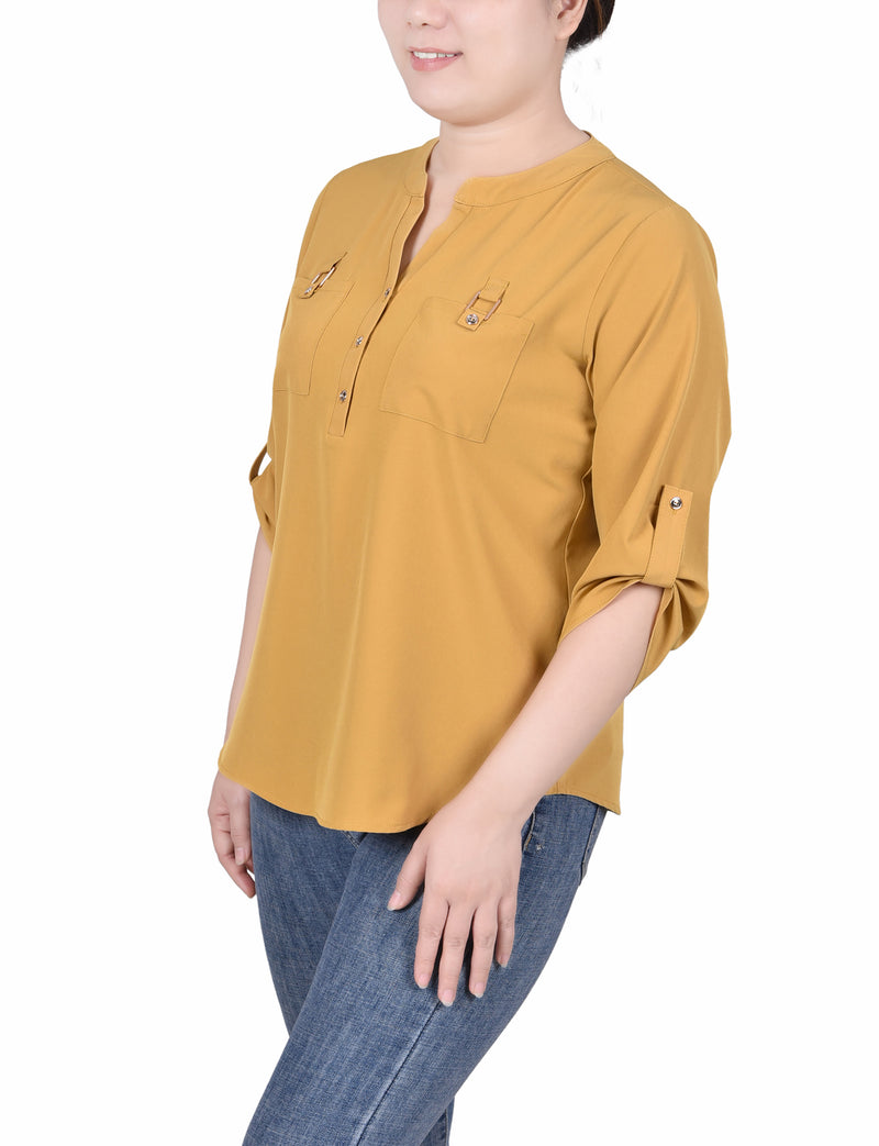 3/4 Tabbed Sleeve Y Neck Blouse