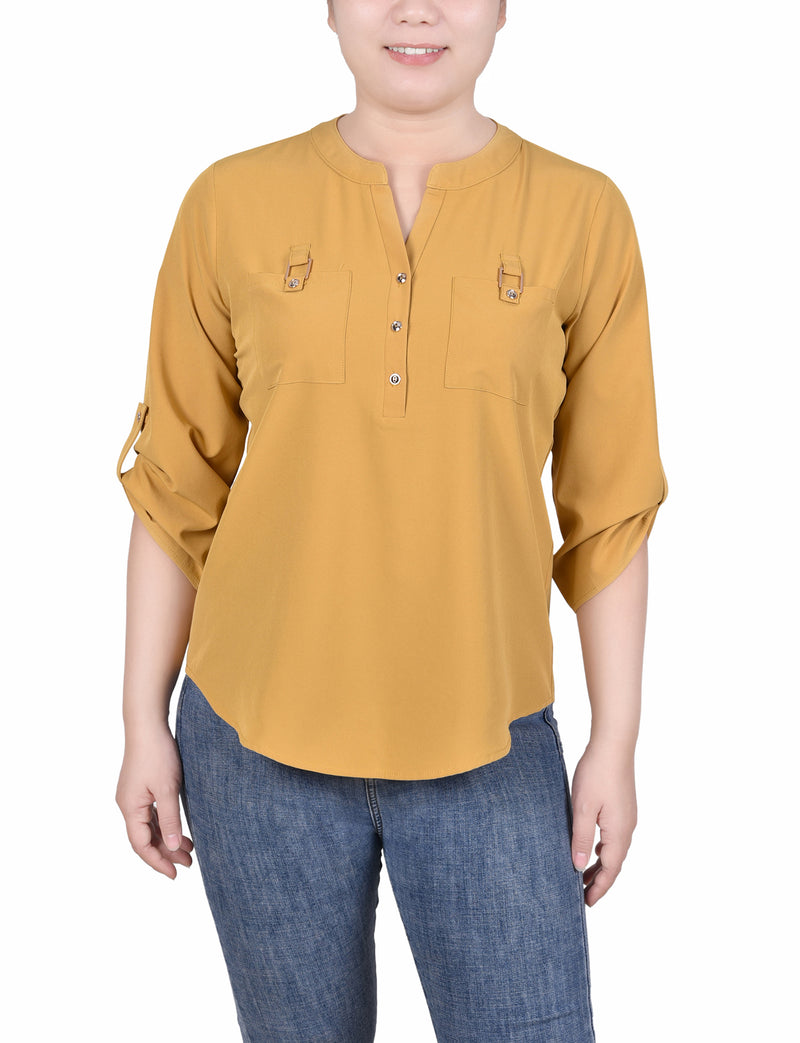 3/4 Tabbed Sleeve Y Neck Blouse