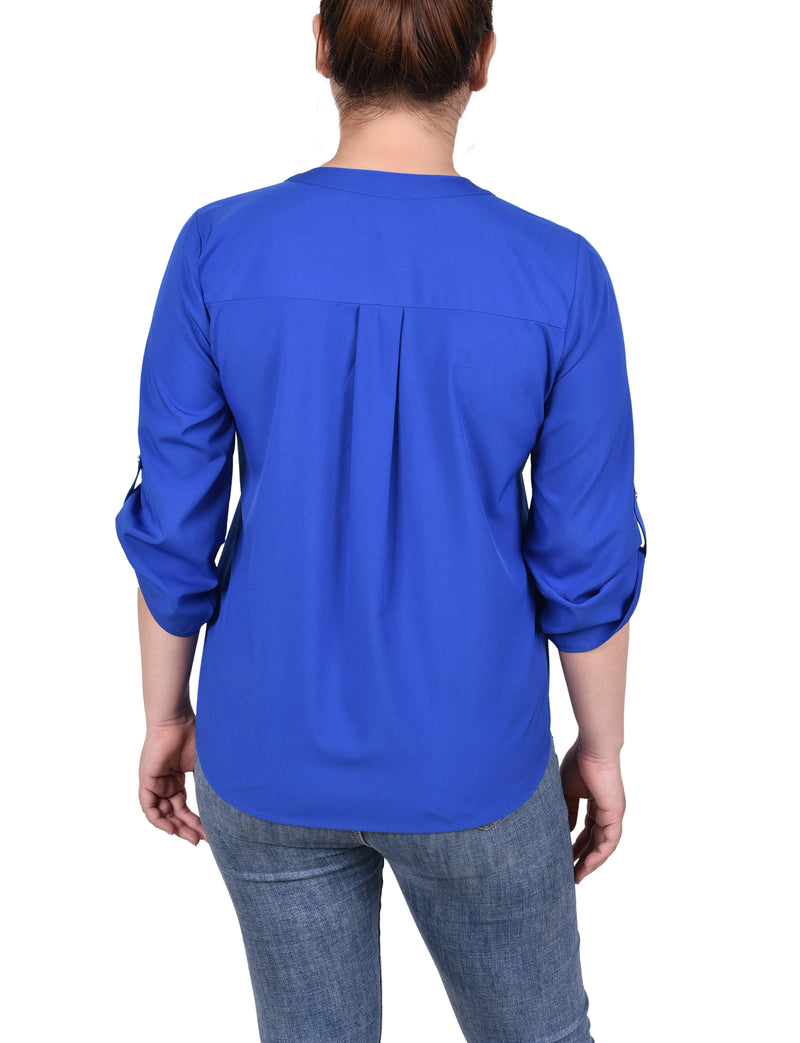 3/4 Tabbed Sleeve Y Neck Blouse