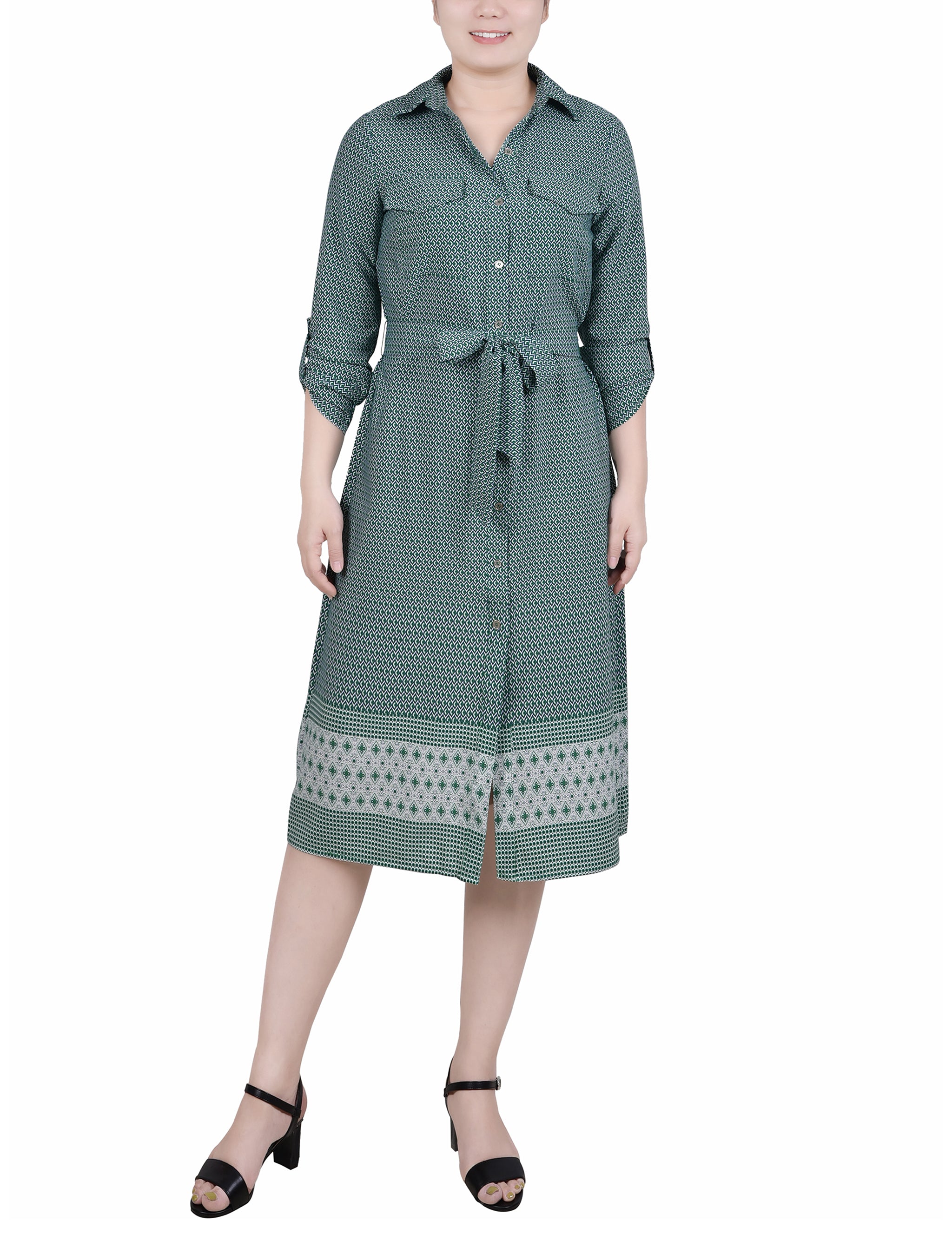 petite belted shirt dress Women's Petite Summer Stripe Belted Shirt Dress, Black